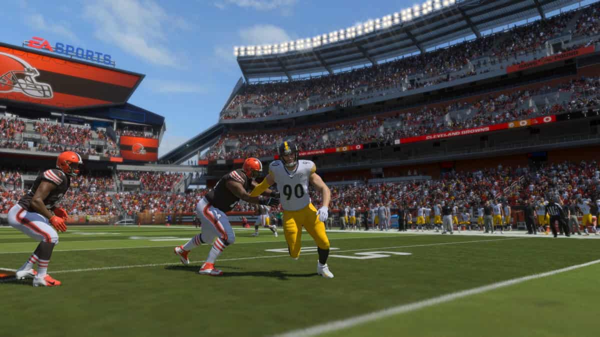 A Madden 24 video game simulation featuring NFL teams playing an intense game in a stadium, with skilled Edge Rushers dominating the field.