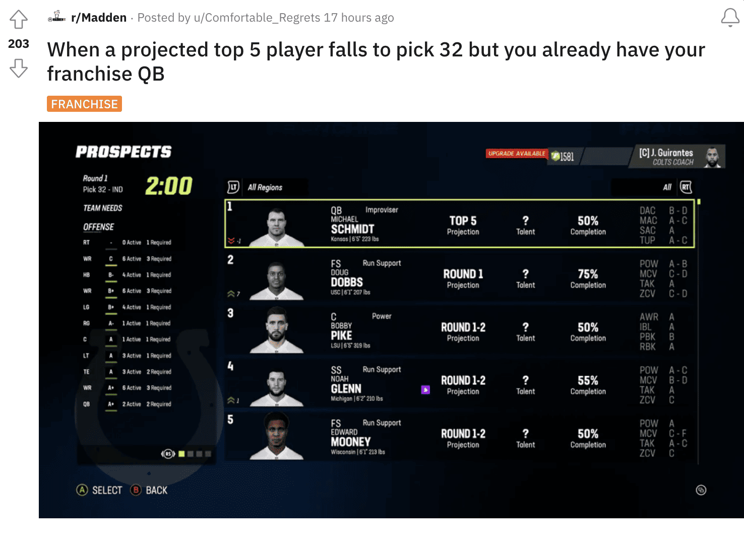 Madden 24 franchise draft steal sparks community chatter with player's stats displayed.