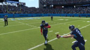 A thrilling game of Madden 24 featuring two players on the field, showcasing the ghosts of MUT.