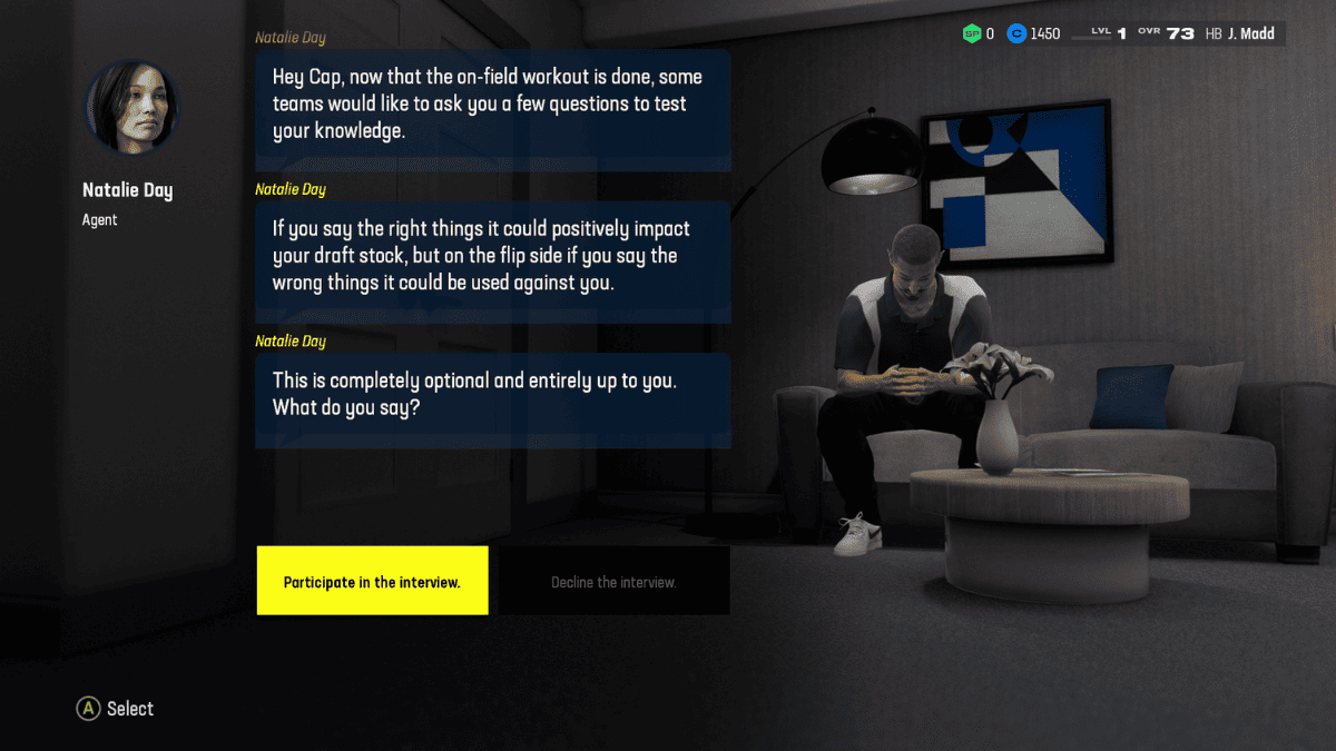A screenshot of a person sitting in a living room studying Madden 24 interview questions and answers.