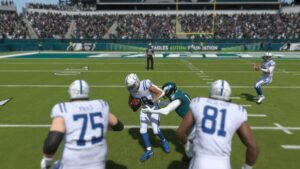 A thrilling Madden 24 game where players showcase their skills by running on the field and executing awe-inspiring broken tackles.