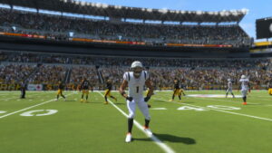 An NFL game featuring a player on the field, inquiring about Madden 24 availability on EA Play.