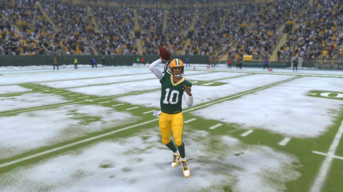 In the Madden 24 Playoffs Program, a Green Bay Packers player is skillfully throwing a football in the new postseason MUT set.