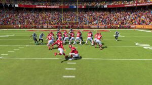 A Madden 24 NFL game featuring players on the field showcasing exceptional kicking skills.