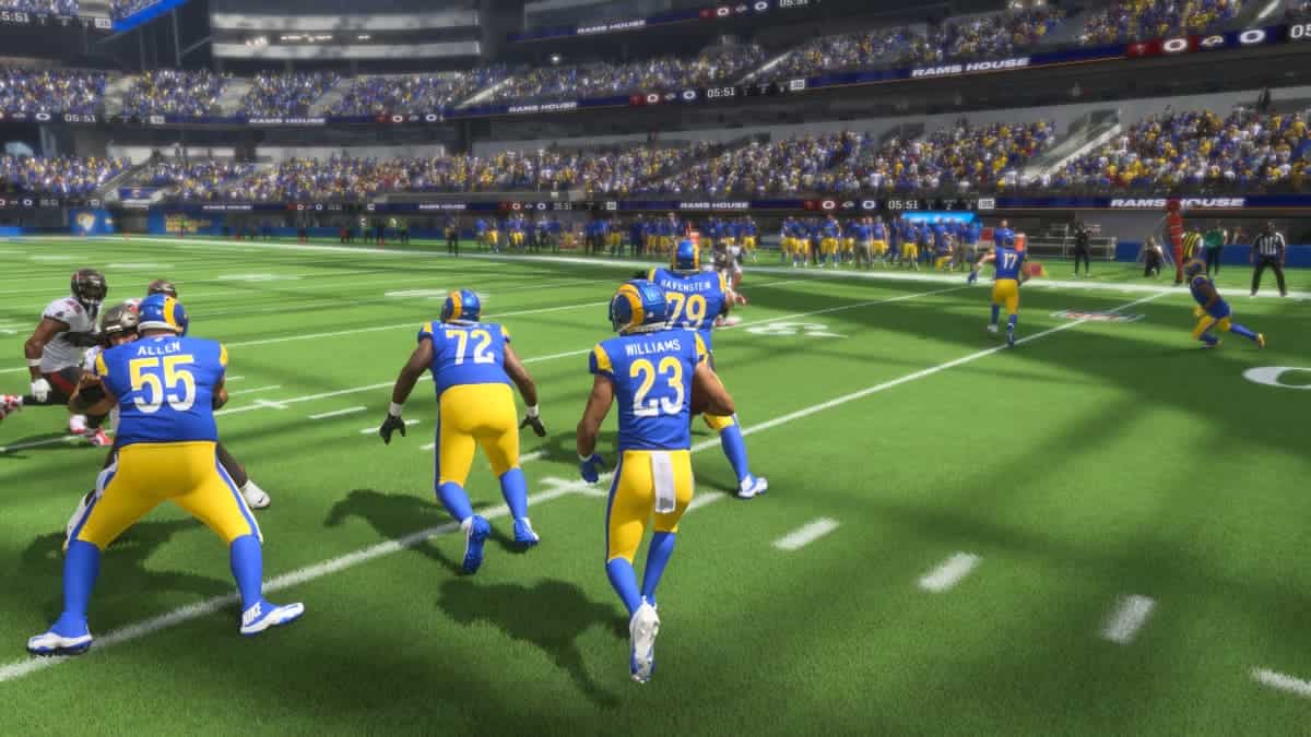 A Madden 24 game with superstar players on the field.