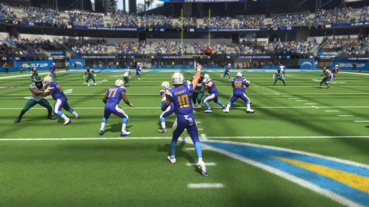 An nfl game is shown in a stadium, featuring Madden 24.