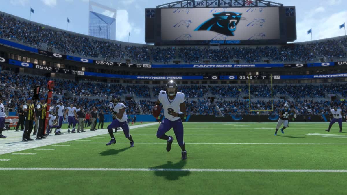 The Carolina Panthers are playing a football game in a stadium, featuring Madden 24's most feared part 3.