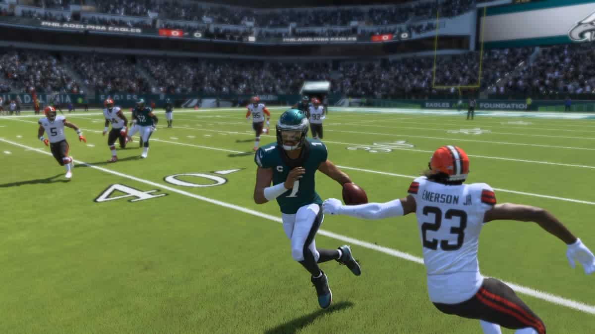 The Philadelphia Eagles are running on the field during Madden 24.