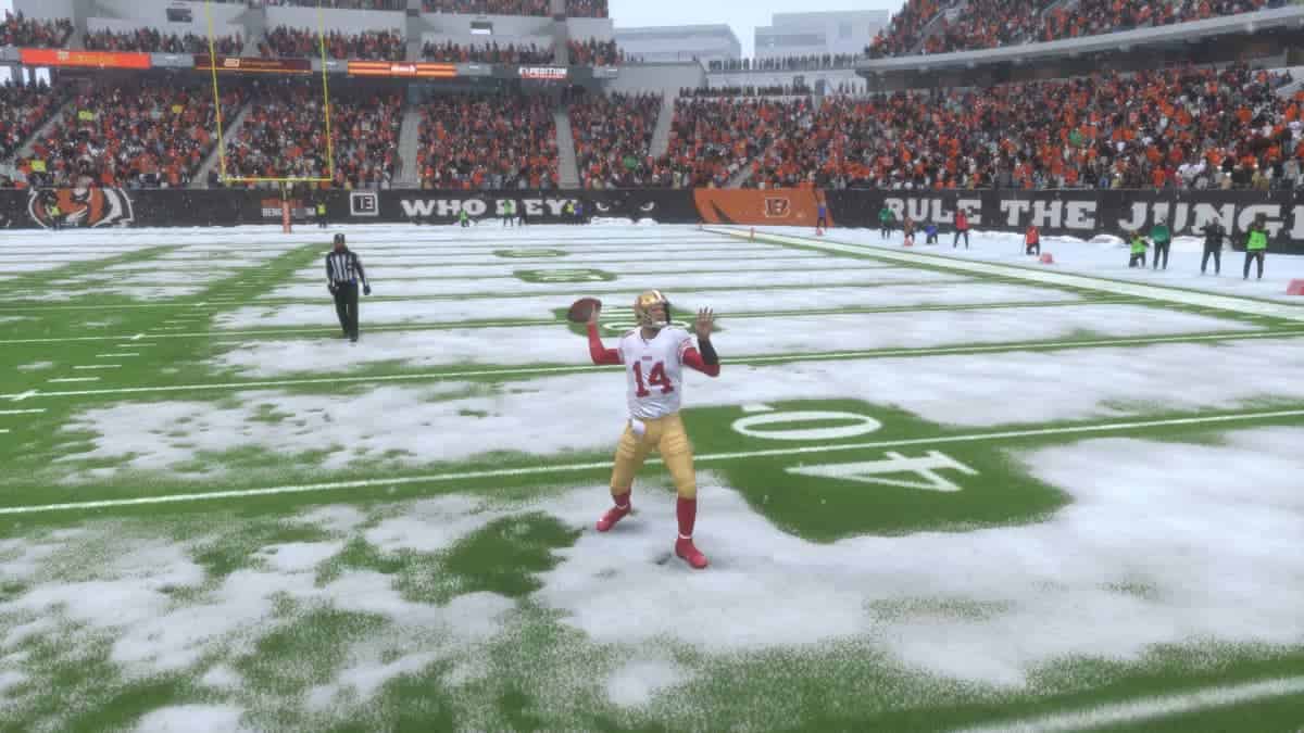 An image of a football player on the field, possibly from the game Madden 24.
