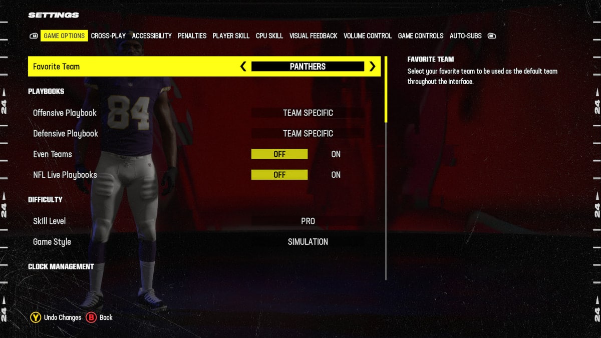 A screenshot of the NFL uniform settings for Madden 24.