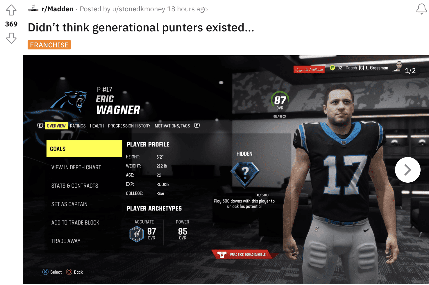 A screenshot of an nfl game featuring a Panthers player drafted from Madden 24.