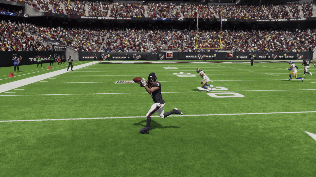 Experience the thrilling gameplay of a Madden 24 blitz game as you control a player strategically positioned in the middle of the field during an intense NFL match.