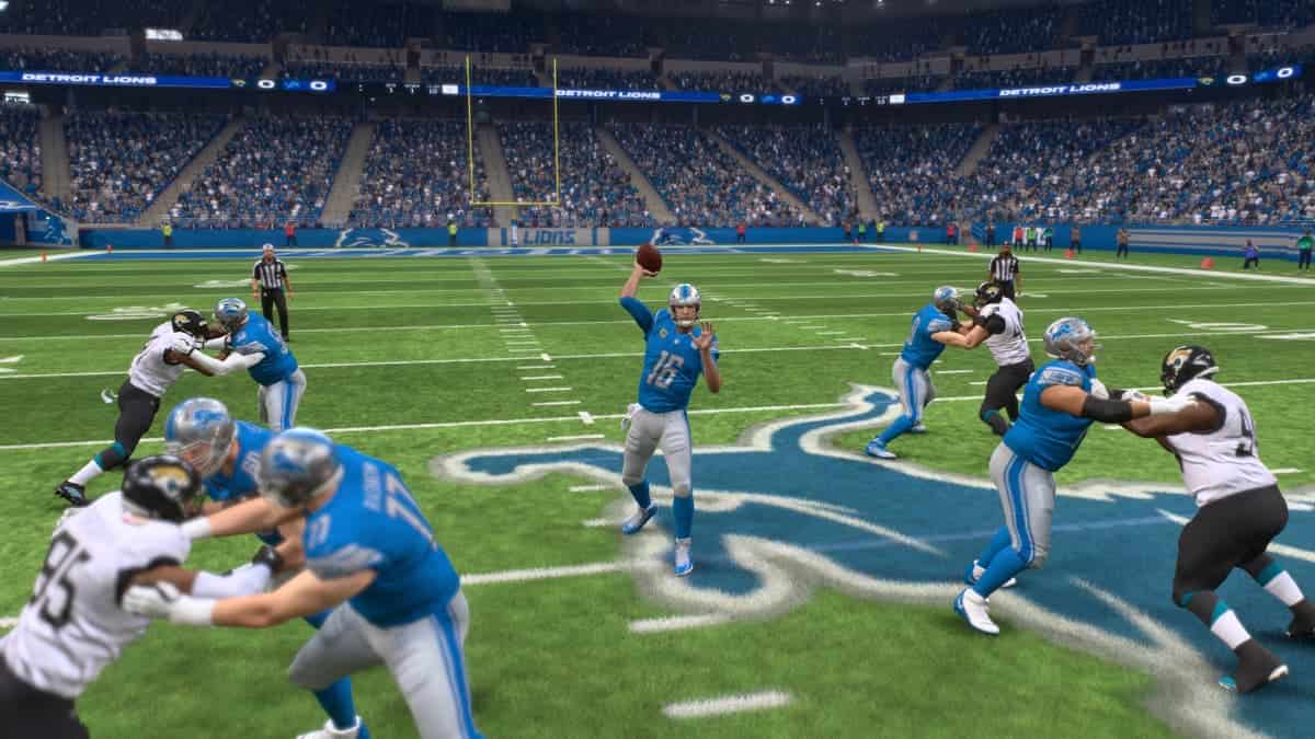 The Detroit Lions are playing in a Madden 24 football game.