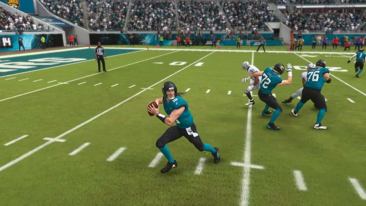 The Jacksonville Jaguars are playing football in the Madden 24 video game.