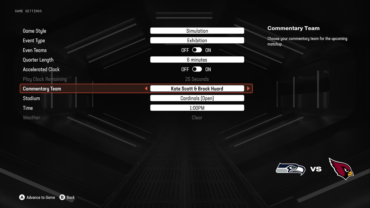 Madden 25 commentators: The Game Settings in Quick Play showing how to choose a commentary team.