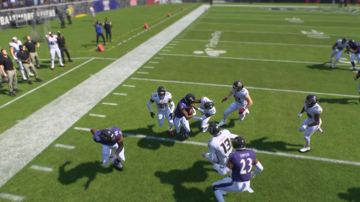 Madden 25 how to stiff arm: Justice Hill shoves a defender