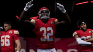 Madden 25 X-Factor abilities: A football player in a red jersey hyping up the crowd.