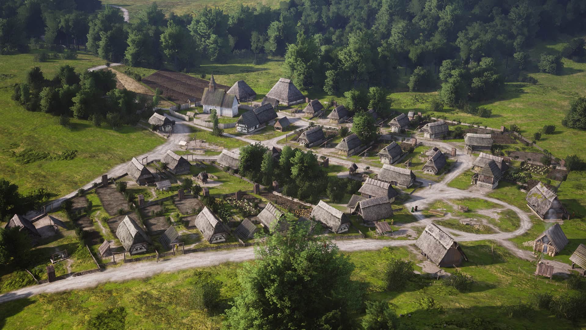 An aerial shot of a settlement in Manor Lords 