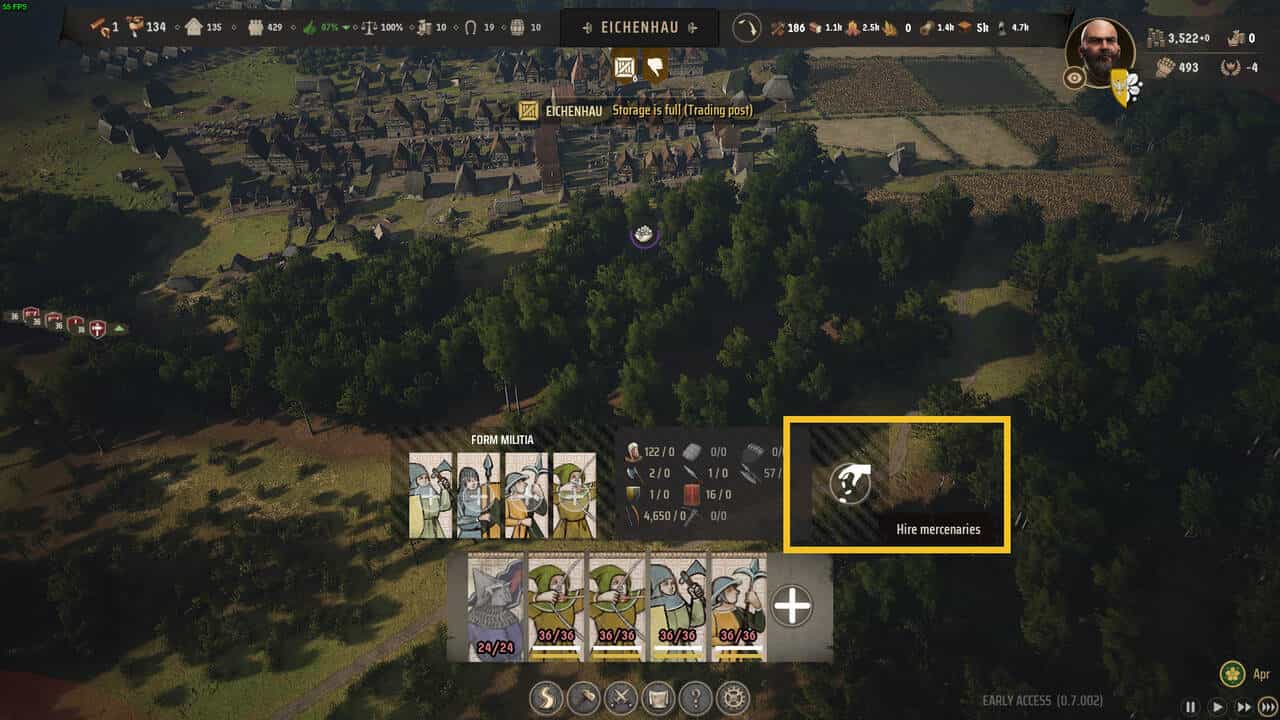 Manor Lords army: view of a medieval village with the army recruitment menu open.