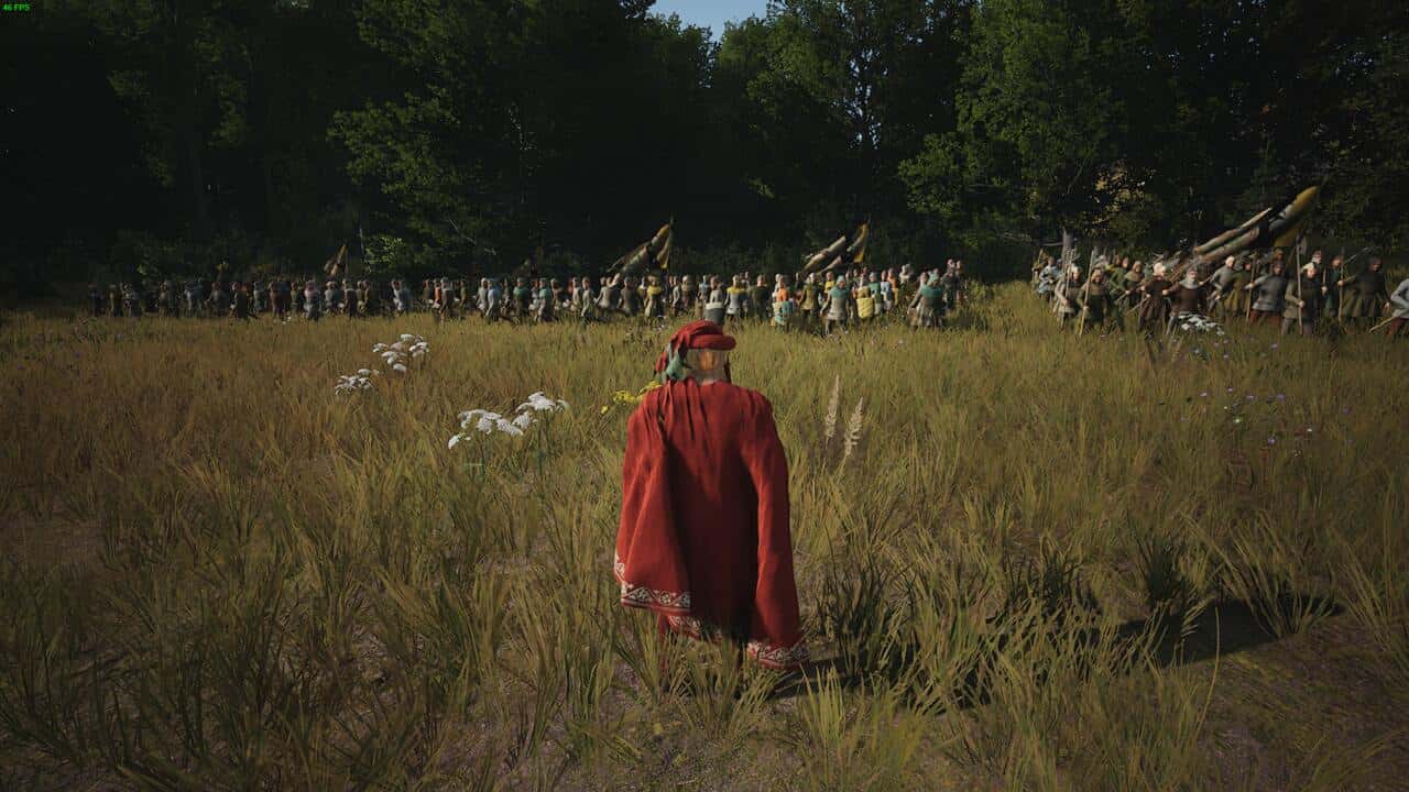 Manor Lords army: lord in a red cloak standing in front of a large armor near a forest.