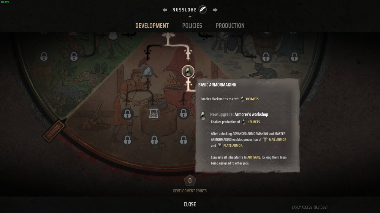 Manor Lords army: skill tree with armormaking upgrades highlighted.