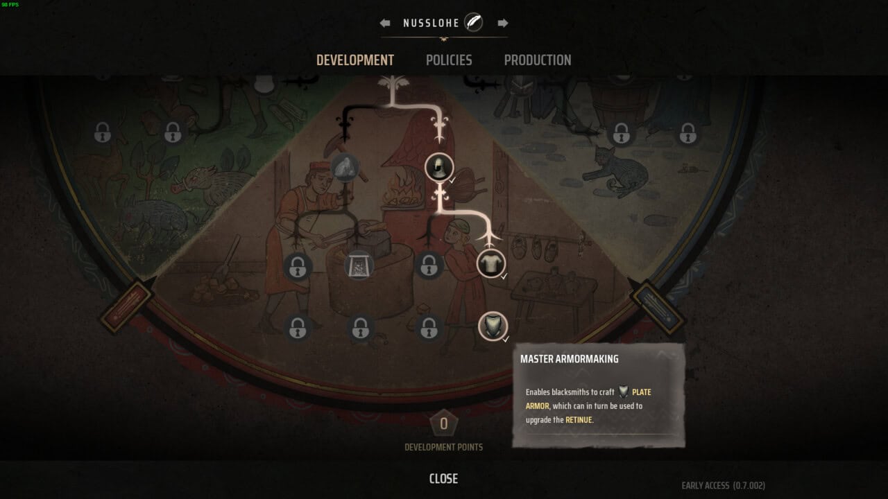 Manor Lords army: skill tree with armormaking upgrades highlighted.