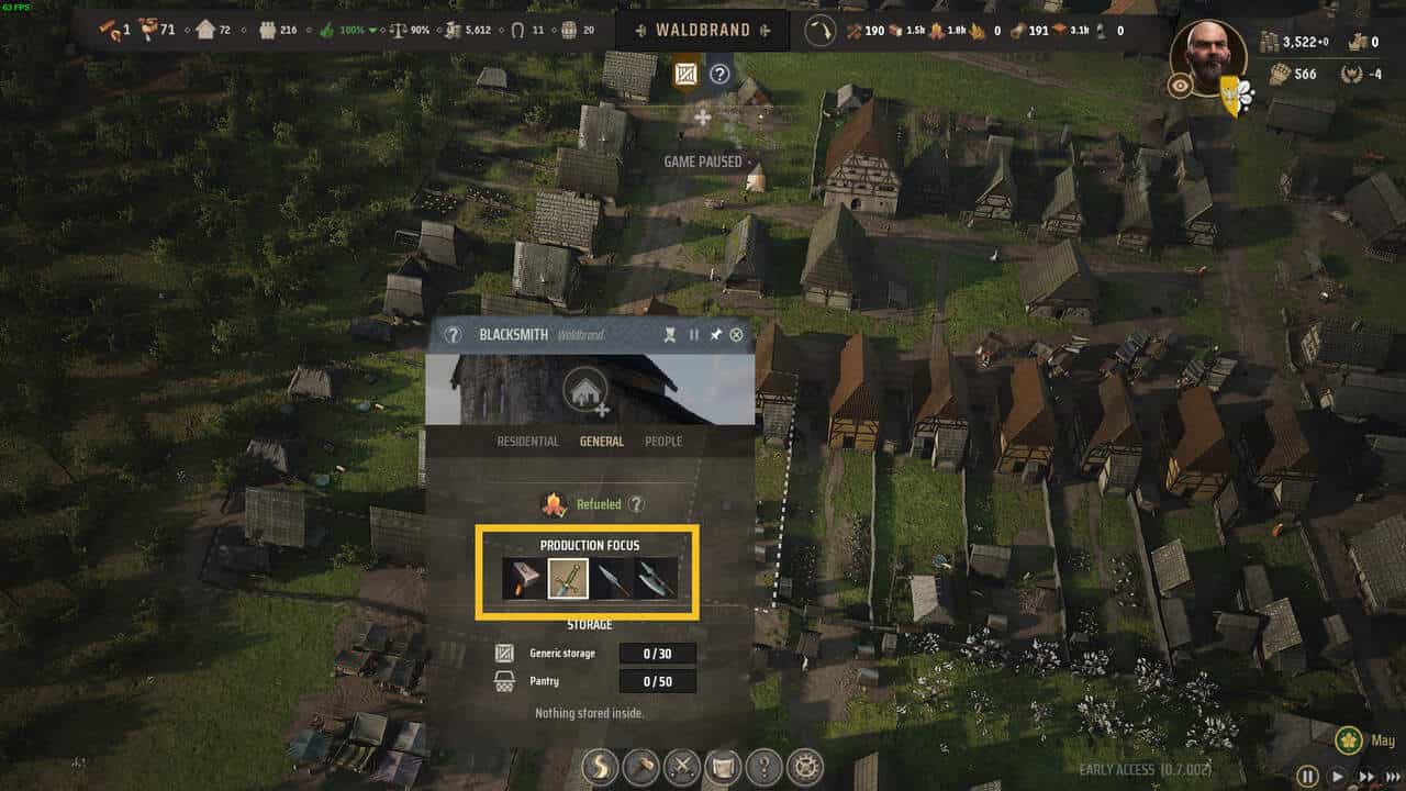 Manor Lords army: top-down view of a medieval village with production focus for the Armormaker highlighted in yellow.