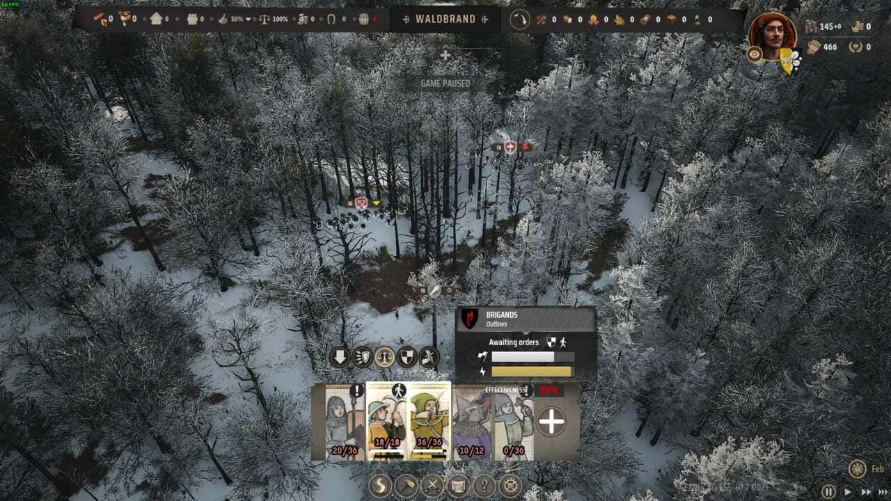 Manor Lords bandits: a snowy forest landscape with character cards and game stats displayed on the screen.