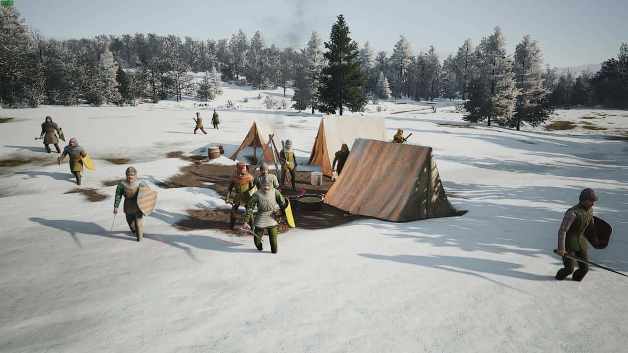Manor Lords bandits: bandits gathered around a camp in a snowy field.