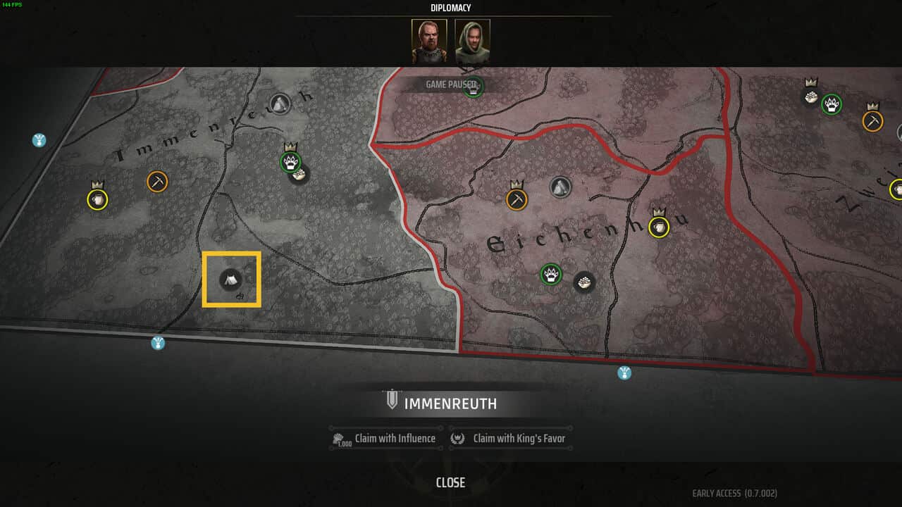 Manor Lords bandits: a paused game screen showing a map with various marked territories and icons, featuring a diplomacy interface.