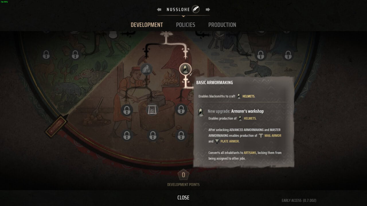 Manor Lords best Developments: Basic Armormaking in the tech tree.