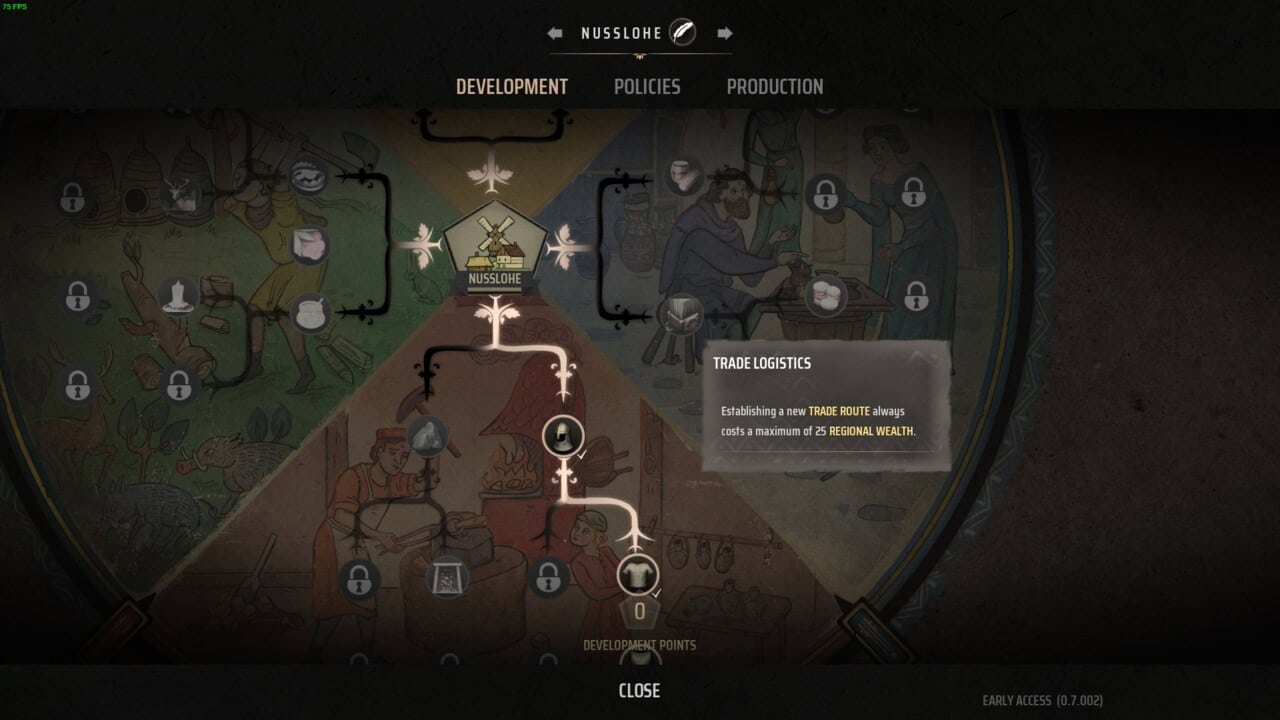 Manor Lords best Developments: tree tech with Trade Logitcis upgrade highlighted.