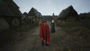 Manor Lords best layout: lord in a red cloak walking on a dirt road in a medieval village.