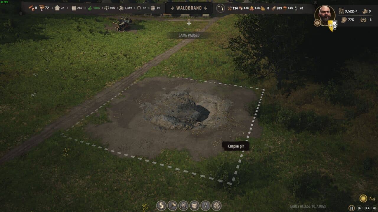 Manor Lords buildings: Screenshot from a video game showing a player's user interface and a designated "corpse pit" area near Manor Lords buildings in a grassy virtual landscape.