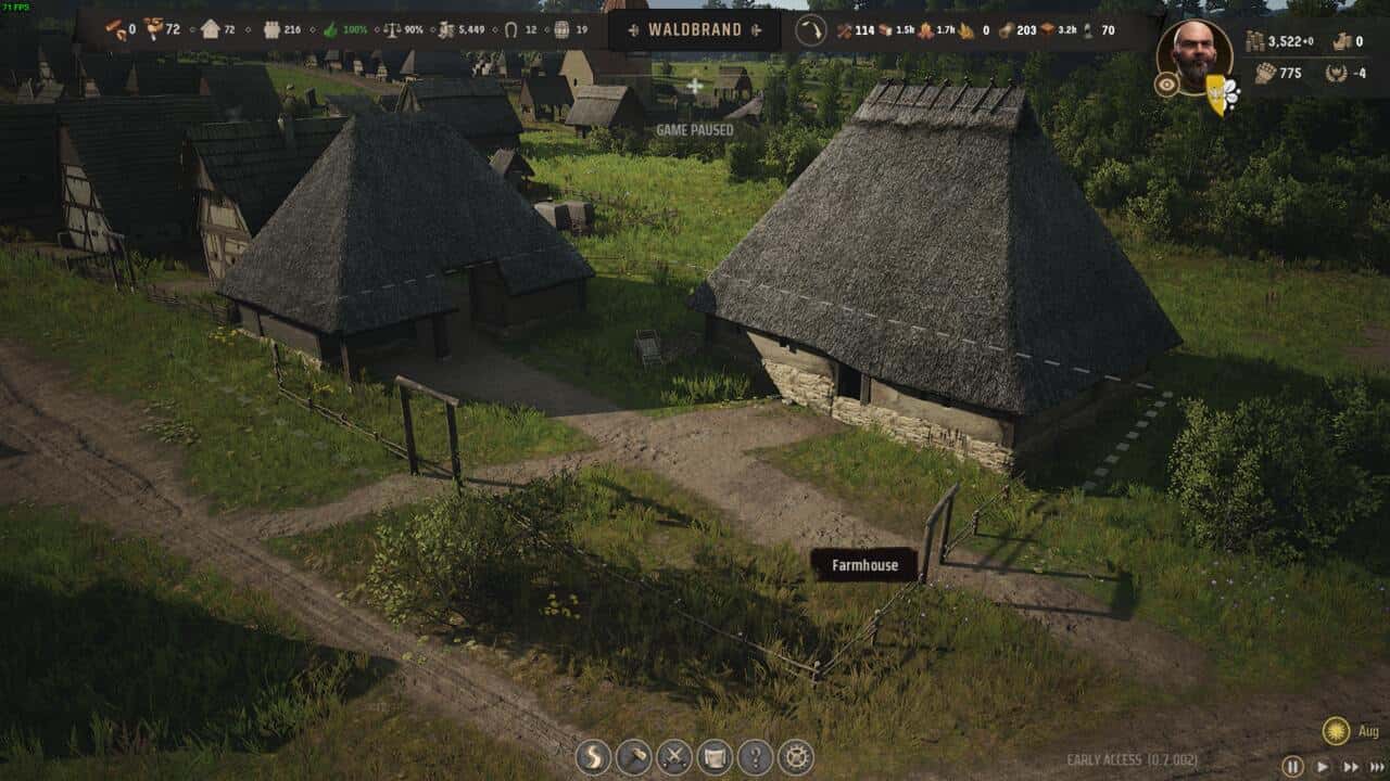 Manor Lords buildings: Screenshot of a video game showing a medieval village with Manor Lords buildings, dirt paths, and in-game statistics displayed at the top.