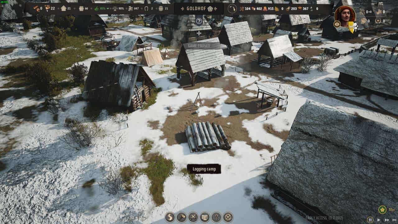 Manor Lords buildings: snowy village scene in a video game with Manor Lords buildings, logs on the ground, and an overlay showing game statistics and a logging camp label.