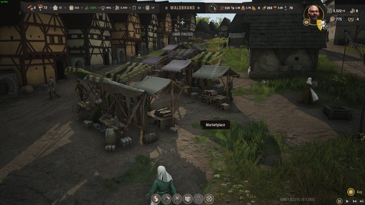 Manor Lords buildings: Screenshot of a medieval-themed video game showing a marketplace with Manor Lords buildings and villagers, labeled "marketplace" with game stats visible.
