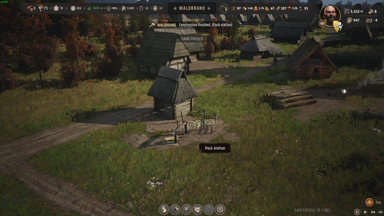 Manor Lords buildings: Screenshot of a medieval village game interface featuring Manor Lords buildings, a finished pack station building, character avatar, and resource indicators.