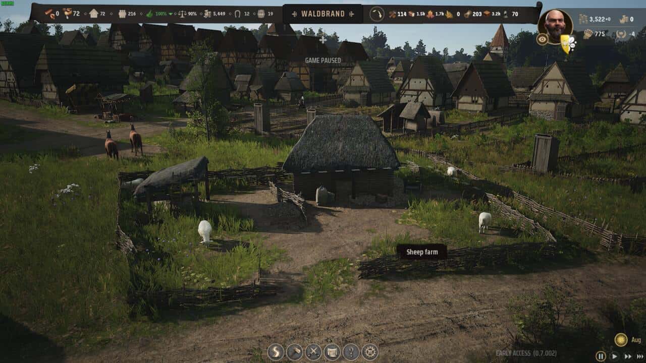 Manor Lords buildings: Screenshot of a medieval village simulation in a video game, showing a sheep farm with Manor Lords buildings and villagers, with game interface visible.