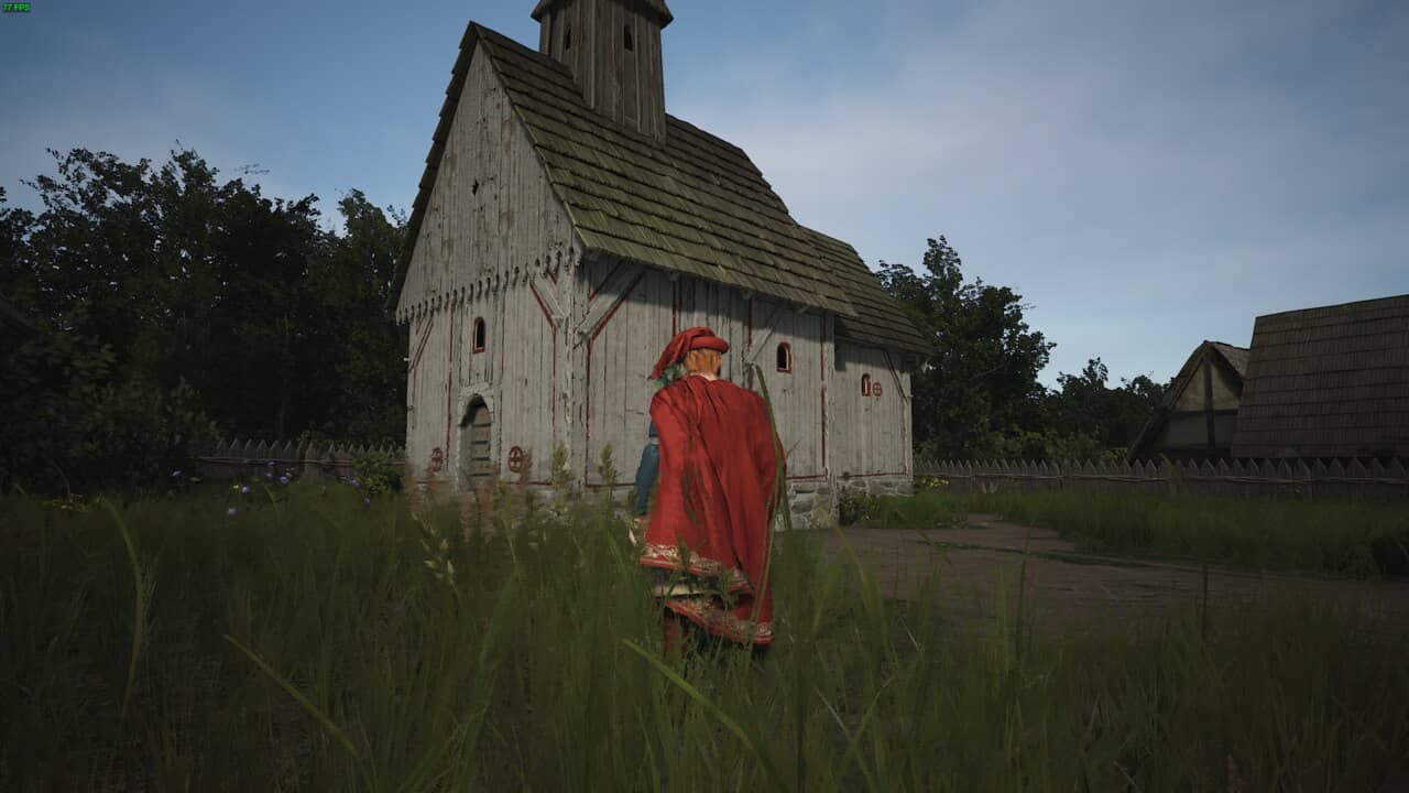Manor Lords upgrade church: lord in a red cloak standing in a front of a medieval church.