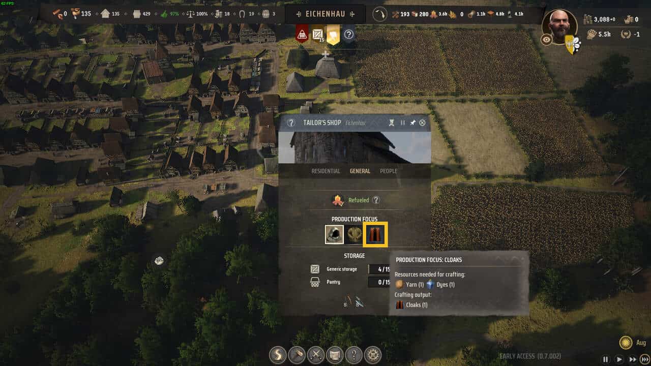 Manor Lords make Clothes: overlay with a yellow highlight showcasing Cloak production with a medieval top-down city in the background.