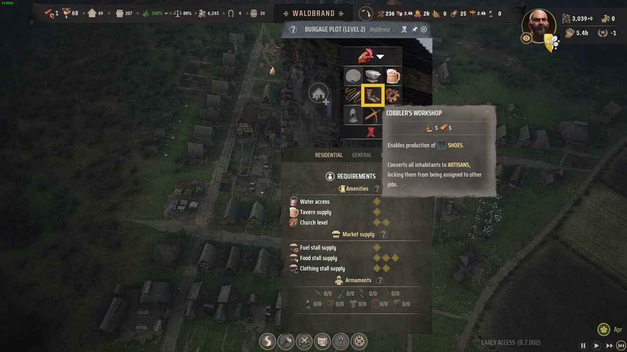 Manor Lords make Clothes: Clobber's Shop extension option with a top-down view of a village in the background.