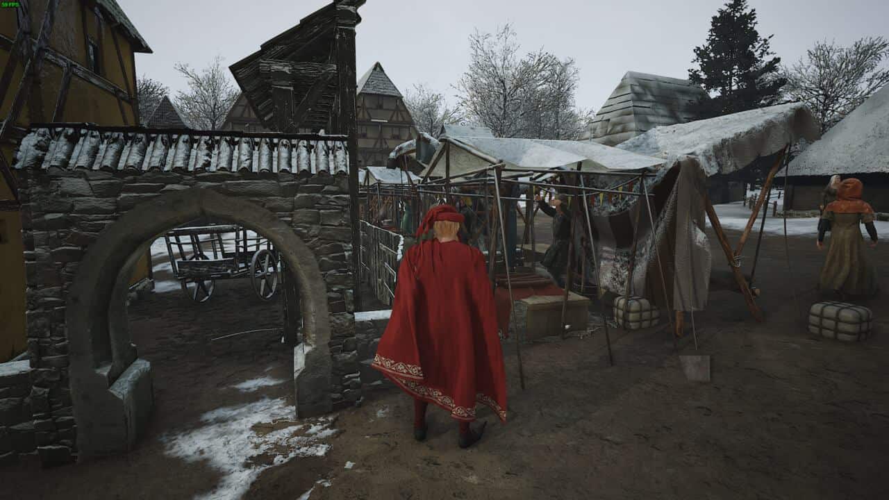Manor Lords make Clothes: lord in red standing near Clothing Stall at a marketplace.