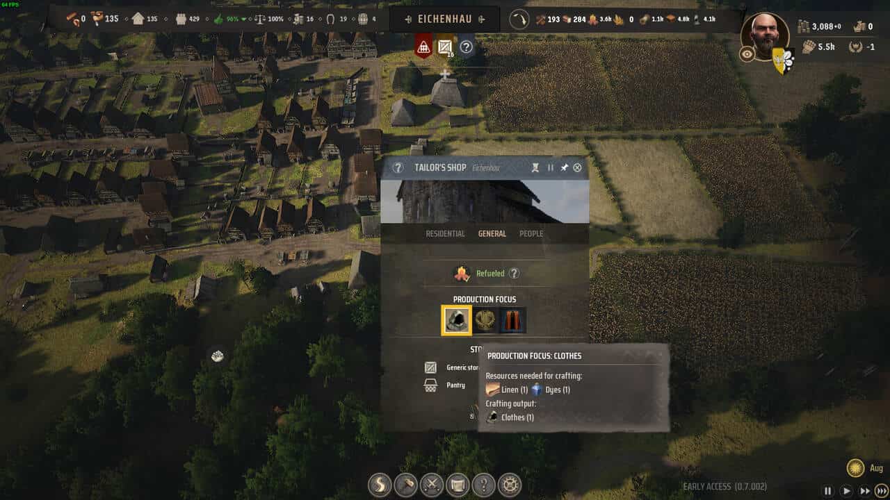Manor Lords make Clothes: overlay with a yellow highlight showcasing Clothes production with a medieval top-down city in the background.