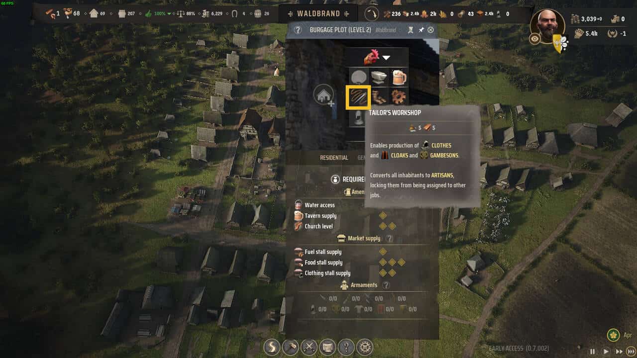 Manor Lords make Clothes: Tailor's Workshop extension option with a top-down view of a village in the background.