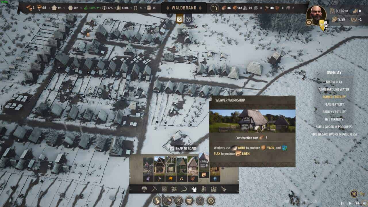 Manor Lords make Clothes: Weaver Workshop in building menu with aerial view of a town in the background.