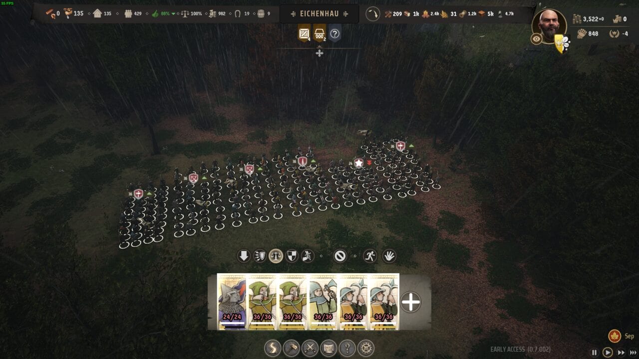 Manor Lords combat: army formation in a forest terrain, with game interface elements and combat tips visible on screen.