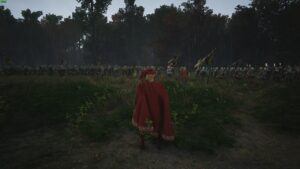 Manor Lords combat: red-cloaked lord surverying a large army near a forest.
