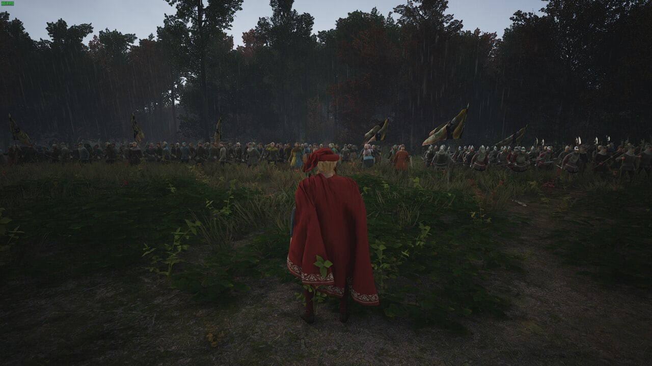 Manor Lords combat tips and tricks: red-cloaked lord surverying a large army near a forest.