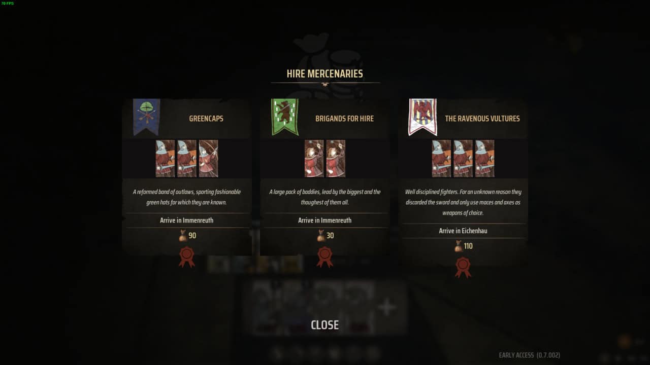 Manor Lords combat: interface showing a "hire mercenaries" menu with three options: greenjacks, brigands for hire, and the ravenous vultures, each with arrival locations, prices, and descriptions.